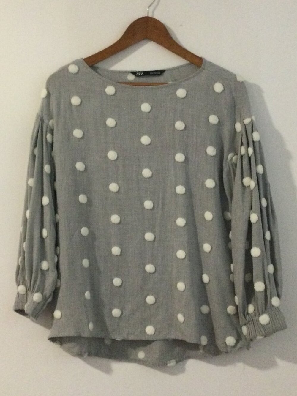 Zara Grey Fuzzy Polka Dot Pom-Pom 3/4 length Balloon Sleeve Blouse Size Small